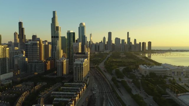 Aerial, Beautiful Chicago Skyline from South Loop During Summer Sunrise