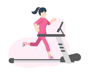 A woman runs on a treadmill. Vector illustration in flat style. Sports, healthy lifestyle.
