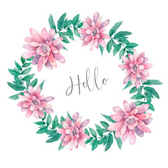 Invitation. Wedding or birthday card. Floral frame. Watercolor background with pink flowers and green leaves. Boho style. Beauty isolated bouqet circle frame pink leaf background