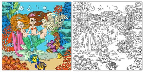 Three beautiful mermaid girls swirl in dance surrounded by fish on underwater world with corals and anemones background color and outlined