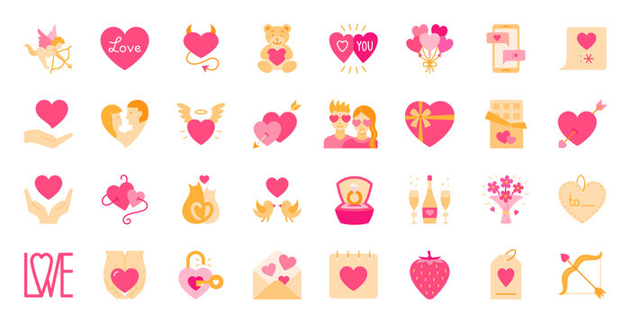 Valentine day flat icon set love heart card vector