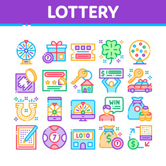 Lottery Gambling Game Collection Icons Set Vector Thin Line. Human Win Lottery And Hold Check, Car Key And Money Bag, Fortune Wheel And Loto Concept Linear Pictograms. Color Contour Illustrations