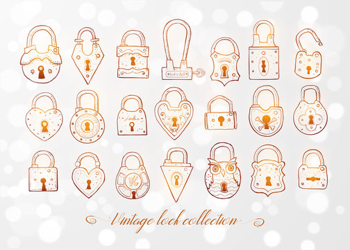 Set of doodle vintage locks on white glowing background. Vector sketch illustration.