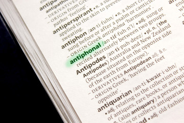 Antiphonal word or phrase in a dictionary.