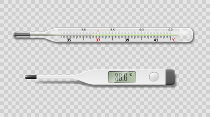 Medical electrical and mercury thermometer on transparent background. Realistic temperature diagnostic measurement instrument. vector illustration