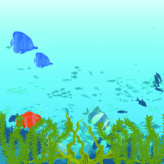 Naklejka premium fish and algae on the background of reefs. Underwater ocean scene. Deep blue water, coral reef and underwater plants. a beautiful underwater scene; a vector seascape with reef.