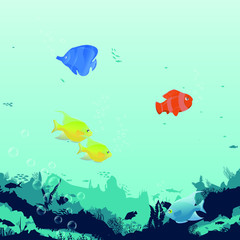 Fototapeta premium fish and algae on the background of reefs. Underwater ocean scene. Deep blue water, coral reef and underwater plants. a beautiful underwater scene; a vector seascape with reef.