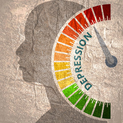Color scale with arrow from green to red. The depression level measuring device icon. Sign tachometer, speedometer, indicators. Colorful infographic gauge element. Head of man silhouette.