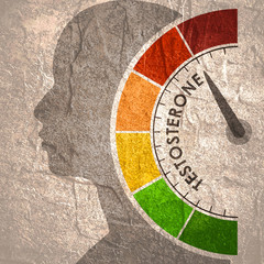 Hormone testosterone level measuring scale. Health care concept illustration. Head of man silhouette. From red to green scale.