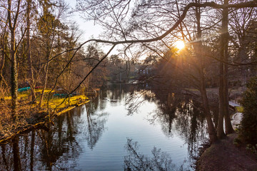 Winter view of Schlachtensee lake in Berlin, Germany. Schlachtensee is a lake in the south west of Berlin, in Steglitz-Zehlendorf borough, on the edge of Grunewald forest. Part of Berlin since 1920