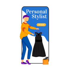 Personal stylist cartoon smartphone vector app screen. Picking right clothes. Choose new outfits. Mobile phone display with flat character design mockup. Fashion trends application telephone interface