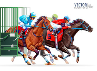 Three racing horses competing with each other. Start gates for horse races the traditional prize Derby. Hippodrome. Racetrack. Sport. Vector illustration - obrazy, fototapety, plakaty