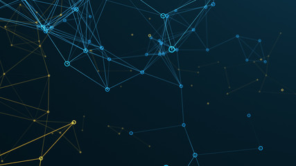 Network background made of colorful lines and dots. 3d illustration