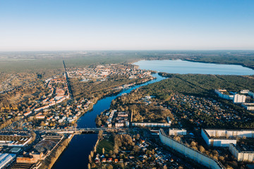 panorama drone photo of the old city Treptow-Kopenick Berlin at sunrise