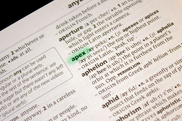 Apex word or phrase in a dictionary.