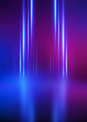 Abstract dark background with blue and pink neon glow. Neon light lines. Show empty stage background