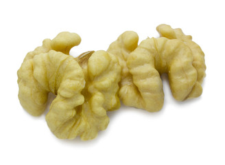 Two halves of walnut isolated on white background. Fruit of a nut.