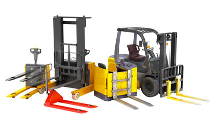 Different Forklift loaders 3D render on white no shadow