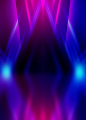 Abstract dark background with blue and pink neon glow. Neon light lines. Show empty stage background