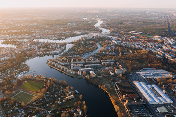 Fototapeta na wymiar panorama drone photo of the old city Treptow-Kopenick Berlin at sunrise