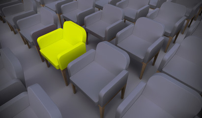 Concept or conceptual yellow armchair standing out in a  conference room as a metaphor for leadership, vision and strategy. A 3d illustration of individuality, creativity and achievement