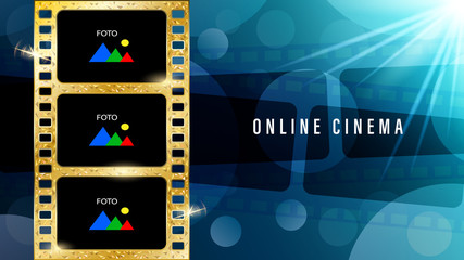 Inscription online cinema, realistic gold film with copy space for text and foto