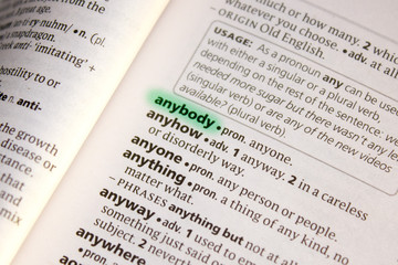 Obraz premium Anybody word or phrase in a dictionary.