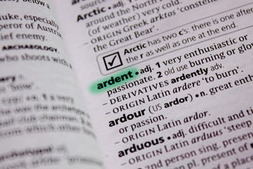 Fototapeta premium Ardent word or phrase in a dictionary.