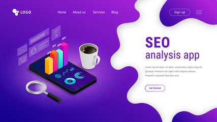 Digital analytics SEO isometric landing page concept with 3d graph data on phone screen. Marketing research, statistics report for business. Vector illustration for mobile app, infographic, web, ui
