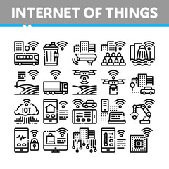 Internet Of Things IOT Collection Icons Set Vector Thin Line. Wifi Signal In Bus And Truck, Cctv Camera And Drone Internet Of Things Concept Linear Pictograms. Monochrome Contour Illustrations
