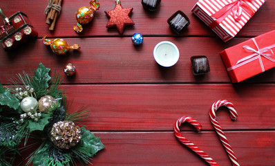 Christmas background. Candy and chocolate. Flat lay concept.