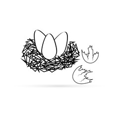 eggs in nest with shell of egg isolated on white, doodle easter animal icon, kids hand drawing art line, sketch vector stock illustration