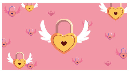 Love hearts padlocks with wings vector design