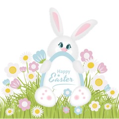 Text for congratulations,invitations, packaging, greeting cards Happy Easter written on an egg that is holding a white rabbit sitting in the green grass, surrounded by cute flowers.On white background