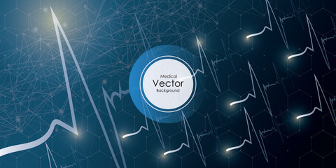 Medical cardio template with cardiogram in digital style on dark blue background