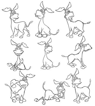 Vector Illustration of a Cute Cartoon Character Burro for you Design and Computer Game. Coloring Book Outline Set