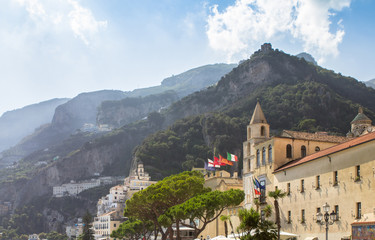 Fototapeta na wymiar View of the mountains and buildings of Amalfi city, Italy