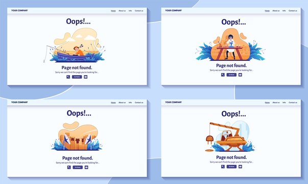Page not found 404 error message for website vector illustration. Warning alert, network connection problem, internet search failure landing page