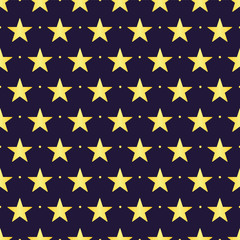 Dotted star geometric seamless pattern vector background. A hand drawn illustration with blue, and golden colors on isolated white layer. For fabric, cloth, etc. Eps 10 vector, printable colors.
