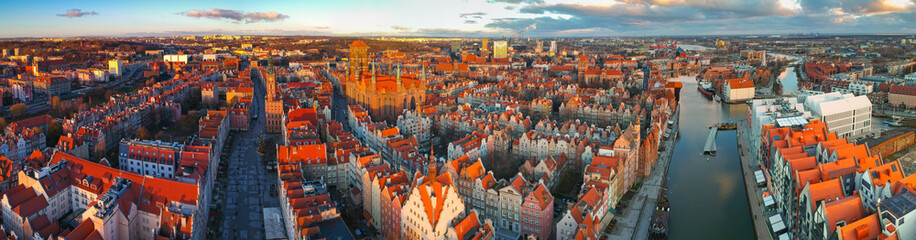 Aerial panorama of the old town in Gdansk at sunrise, Poland. © Patryk Kosmider