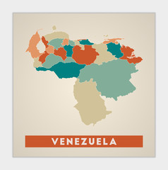 Venezuela poster. Map of the country with colorful regions. Shape of Venezuela with country name. Superb vector illustration.