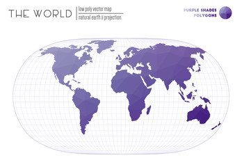 Low poly world map. Natural Earth II projection of the world. Purple Shades colored polygons. Energetic vector illustration.