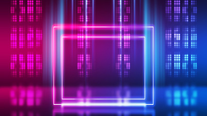 Abstract dark background with blue and pink neon glow. Neon luminous figure in the center of the stage.