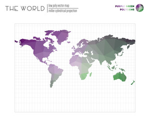 Abstract geometric world map. Miller cylindrical projection of the world. Purple Green colored polygons. Creative vector illustration.