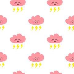 Cute girly seamless pattern with doodle colorful happy clouds.