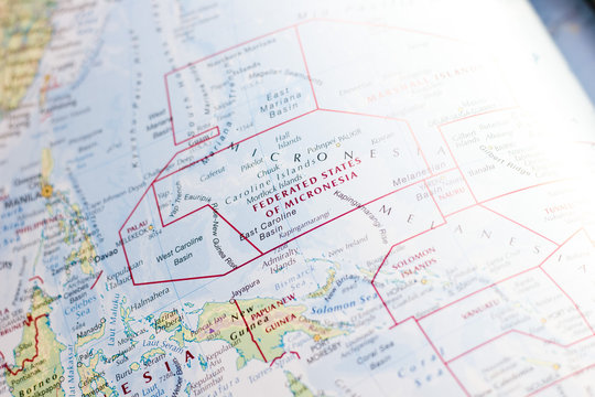 Ivanovsk, Russia - January 24, 2019: Federated States of Micronesia on the map of the world.