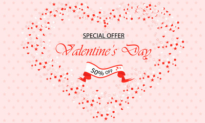 Valentine's Day Discount; Happy Valentine's Day sale banner. Vector illustration with red and black elements on pink background. Promo discount banner. 50% off banner.