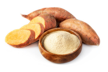 Sweet potato flour in a wooden bowl