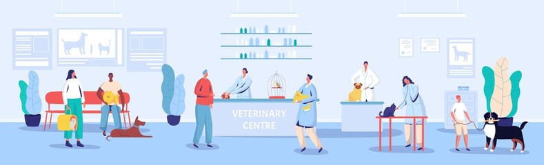 Veterinary center reception and waiting room vector illustration