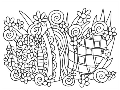 Tree eggs in grass with flowers coloring page for adults and kids. Easter egg hunt graphic still life simple stock vector illustration. Black natural outline illustration on white background. 
